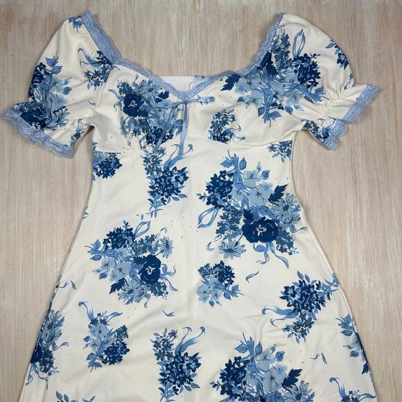 Cider Blue Floral Lace Trim Puff Sleeve Cottagecore Romantic Midi Dress Large - Picture 2 of 14